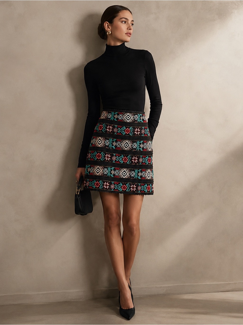 Costarellos Embroidered Black Mini Skirt with Multicolor Geometric Pattern